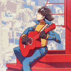 Rule 34 | android, black gloves, blue pants, blurry, blurry background, brown hair, cityscape, day, closed eyes, gloves, goggles, goggles on head, guitar, instrument, jinzou ningen kikaider, jiro (kikaider), kikaider (series), music, outdoors, pants, photo background, playing instrument, shirt, sitting, solo, sorges, yellow shirt