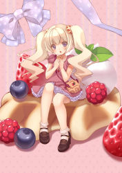 Rule 34 | 1girl, absurdres, bag, blonde hair, blueberry, bobby socks, bow, dress, food, frills, fruit, highres, jewelry, long hair, mary janes, nana mikoto, open mouth, original, oversized object, pendant, purple eyes, raspberry, shoes, sitting, socks, solo, strawberry, twintails, waffle