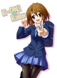 Rule 34 | 1girl, absurdres, brown eyes, brown hair, female focus, foreshortening, highres, hirasawa yui, k-on!, pantyhose, school uniform, shindou shuuji, shiny clothes, short hair, simple background, solo, v, white background