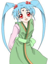 Rule 34 | 1girl, arms behind back, blue hair, edasan, facial mark, hair ornament, long sleeves, masaki sasami jurai, obi, open mouth, red eyes, robe, sash, simple background, sleeveless, solo, standing, tenchi muyou!, twintails, white background