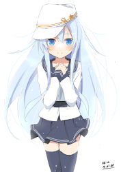 Rule 34 | 10s, 1girl, black thighhighs, blue eyes, blue hair, blush, dated, hammer and sickle, hat, hibiki (kancolle), highres, kantai collection, long hair, looking at viewer, matching hair/eyes, school uniform, silver hair, simple background, skirt, smile, solo, star (symbol), thighhighs, verniy (kancolle), wara (warapro), white background