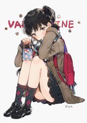 Rule 34 | 1girl, argyle, argyle clothes, argyle legwear, backpack, bad id, bad pixiv id, bag, black footwear, black hair, black skirt, black socks, blush, brown hair, brown jacket, commentary, dangmill, full body, gift, heart, heart print, holding, holding gift, jacket, loafers, long sleeves, looking at viewer, original, plaid, plaid legwear, pleated skirt, polka dot, polka dot print, ponytail, scarf, shoes, simple background, sitting, skirt, sleeves past wrists, socks, solo, translated, unbuttoned, valentine, white background