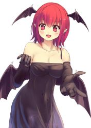 Rule 34 | 1girl, :d, alternate costume, bare shoulders, bat wings, black dress, black gloves, blush, breasts, cleavage, collarbone, culter, dress, elbow gloves, female focus, gloves, head wings, koakuma, looking at viewer, medium breasts, navel, neck, off shoulder, open mouth, outstretched arm, panties, pointy ears, red eyes, red hair, round teeth, see-through, short hair, simple background, sleeveless, slit pupils, smile, solo, strap slip, teeth, touhou, twitter username, underwear, white background, wings