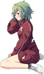 Rule 34 | 1girl, bad id, bad twitter id, black socks, blush, eyepatch, full body, green eyes, green hair, hair between eyes, jacket, kantai collection, kiso (kancolle), long sleeves, official art, open mouth, red jacket, shoes, short hair, sneakers, socks, solo, torn clothes, torn jacket, transparent background, ugume, white footwear