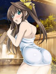 Rule 34 | 10s, 1girl, ass, bare back, bare shoulders, brown hair, eyebrows, green eyes, hair ribbon, huang lingyin, infinite stratos, long hair, looking at viewer, lowres, naked towel, open mouth, outdoors, ribbon, solo, towel, twintails, wet, yellow ribbon