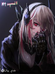 Rule 34 | 1girl, bad id, bad twitter id, bandages, black background, breasts, chromatic aberration, cleavage, commentary request, girls&#039; frontline, hand to own mouth, headgear, highres, jacket, litz pics, long hair, looking at viewer, m4 sopmod ii (girls&#039; frontline), multicolored hair, prosthesis, prosthetic arm, red eyes, silver hair, solo, streaked hair, twitter username