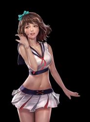Rule 34 | 1girl, bow, bracelet, breasts, brown eyes, brown hair, cleavage, collarbone, contrapposto, crop top, hair bow, jewelry, midriff, miniskirt, navel, neck, original, pleated skirt, realistic, sailor collar, skirt, smile, solo, standing, woo chul lee