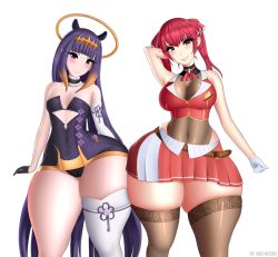 Rule 34 | 2girls, absurdres, animal ears, asymmetrical gloves, bare shoulders, black gloves, black panties, blush, breasts, brown leotard, brown thighhighs, choker, cleavage, closed mouth, covered navel, cowboy shot, crop top, curvy, dress, elbow gloves, gloves, gradient hair, half gloves, halo, heterochromia, highleg, highleg leotard, highres, hololive, hololive english, hololive fantasy, holomyth, houshou marine, houshou marine (1st costume), large breasts, leotard, leotard under clothes, long hair, looking at viewer, multicolored hair, multiple girls, ninomae ina&#039;nis, ninomae ina&#039;nis (1st costume), orange hair, panties, pleated skirt, plump, purple dress, purple eyes, purple hair, red eyes, red hair, red skirt, shiny clothes, short dress, simple background, single thighhigh, skindentation, skirt, sleeveless, small breasts, smile, standing, tentacle hair, thethighmessiah, thick thighs, thighhighs, thighs, two-tone hair, underwear, vest, virtual youtuber, white background, white gloves, white thighhighs, wide hips, yellow eyes