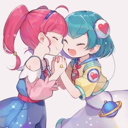 Rule 34 | 2girls, :d, ^ ^, ahoge, aqua hair, blush, closed eyes, commentary request, grey background, hagoromo lala, hairband, happy, hoshina hikaru, multiple girls, open mouth, pink hair, precure, short hair, short sleeves, simple background, smile, star twinkle precure, tere, twintails