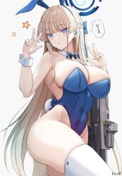 Rule 34 | 1girl, animal ears, assault rifle, blonde hair, blue archive, blue eyes, blue leotard, breasts, bullpup, caseless firearm, double v, double w, ear piercing, earpiece, german flag, gun, h&amp;k g11, halo, hands up, highleg, highleg leotard, highres, keenh, large breasts, leotard, microphone, official alternate costume, parted lips, piercing, playboy bunny, prototype design, rabbit ears, rabbit tail, rifle, sideboob, simple background, skindentation, solo, speech bubble, star (symbol), tail, thighhighs, thighs, toki (blue archive), toki (bunny) (blue archive), translated, v, w, weapon, white background, white thighhighs, wrist cuffs