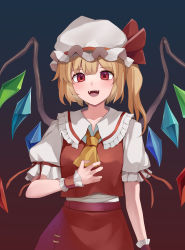 Rule 34 | 1girl, :d, absurdres, ascot, blonde hair, breasts, commentary, crystal, fangs, flandre scarlet, gradient background, hat, highres, koizumo, looking at viewer, medium breasts, mob cap, one side up, open mouth, puffy sleeves, red eyes, red vest, short sleeves, simple background, skirt, smile, solo, touhou, vest, wings, wrist cuffs, yellow ascot