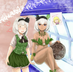 Rule 34 | 2girls, asatsuki (cookie), aztec calendar, black bow, black bowtie, black hairband, black ribbon, blouse, blue eyes, blush, bow, bowtie, breasts, closed eyes, closed mouth, collared shirt, commentary request, cookie (touhou), eska (cookie), expressionless, feet out of frame, green skirt, green vest, haiperion buzan, hair ribbon, hairband, heart, kaibara elena (cookie), konpaku youmu, leaf bikini, looking at viewer, moriya suwako, multiple girls, open mouth, ribbon, shirt, short hair, short sleeves, skirt, skirt set, small breasts, smile, tan, tanning bed, touhou, vest, white hair, white shirt