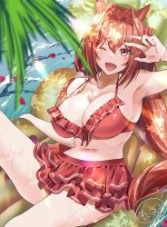 Rule 34 | 1girl, ;d, afloat, animal ears, arm up, armpits, artist name, bikini, bikini skirt, blurry, blurry foreground, breasts, brown hair, cleavage, commentary, daiwa scarlet (trifle vacation) (umamusume), daiwa scarlet (umamusume), dappled sunlight, day, depth of field, fang, frilled bikini, frills, hair intakes, hair ribbon, halterneck, highres, horse ears, horse girl, inflatable raft, knee up, large breasts, leonis g, long hair, looking at viewer, official alternate costume, one eye closed, open mouth, outdoors, palm tree, red bikini, red eyes, red ribbon, ribbon, shading eyes, signature, sitting, smile, solo, sunlight, swimsuit, tree, twintails, umamusume, very long hair, water