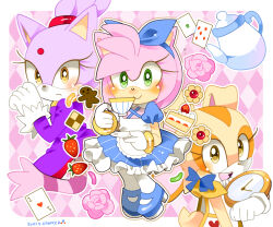 Rule 34 | 3girls, amy rose, animal ears, blaze the cat, blush, brown eyes, cake, cake slice, card, cat ears, cat girl, cat tail, clock, cream the rabbit, cup, dress, flower, food, forehead jewel, frilled dress, frills, fruit, fur-trimmed gloves, fur trim, furry, furry female, gloves, green eyes, hedgehog girl, holding, holding cup, jacket, kusunoki cherry, looking at viewer, multiple girls, pink fur, ponytail, purple fur, purple jacket, rabbit ears, rabbit girl, rabbit tail, smile, sonic (series), strawberry, tail, teacup, teapot, white gloves, yellow eyes