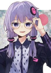 Rule 34 | a.i. voice, absurdres, black jacket, blush, collared shirt, donguri karappo, glasses, hair ornament, hairclip, highres, jacket, long sleeves, looking at viewer, low-tied sidelocks, open mouth, purple eyes, purple hair, shirt, short hair with long locks, smile, upper body, voiceroid, white shirt, wing collar, yuzuki yukari, yuzuki yukari (a.i. voice)