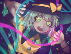 Rule 34 | 1girl, absurdres, arms up, black hat, bow, broken, chromatic aberration, collared shirt, commentary request, crazy eyes, dna, dutch angle, eyeball, frilled shirt collar, frilled sleeves, frills, glowing, green eyes, green hair, green skirt, hat, hat bow, highres, holding, komeiji koishi, long sleeves, looking at viewer, one eye closed, open mouth, partial commentary, satsuki mei (17maymay14), shards, shirt, short hair, sidelocks, skirt, solo, spell card, string, teeth, third eye, touhou, upper teeth only, wide-eyed, wide sleeves, yellow bow, yellow eyes, yellow shirt