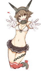Rule 34 | 10s, 1girl, :d, adapted costume, bikini, bikini top only, blush, boots, breasts, brown eyes, brown hair, brown skirt, chain, cleavage, collar, cropped legs, front-tie top, full body, gloves, goekawa, headgear, heart, kantai collection, leg up, looking at viewer, midriff, miniskirt, mutsu (kancolle), navel, open mouth, outstretched arms, outstretched hand, pleated skirt, red thighhighs, short hair, simple background, skirt, smile, solo, standing, standing on one leg, swimsuit, thighhighs, white background, white bikini, white gloves