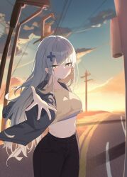 1girl absurdres belly black_pants blush bra brown_shirt closed_mouth crop_top cross_hair_ornament girls&#039;_frontline green_eyes grey_hair grey_jacket hair_between_eyes hair_ornament highres hk416_(girls&#039;_frontline) jacket long_hair looking_at_viewer navel open_hand pants purple_bra reaching reaching_towards_viewer seuru shirt sidelocks sports_bra sunset underwear