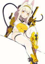 Rule 34 | 1girl, animal ears, arm up, armor, bare shoulders, breasts, bright pupils, cleavage, covered navel, criss-cross halter, detached collar, dutch angle, elbow gloves, gloves, greaves, hairband, hajime (hajime-ill-1st), halterneck, headgear, highres, large breasts, leg up, leotard, long hair, medium hair, ninja, open mouth, original, ribbon trim, sidelocks, simple background, solo, sword, tail, thighhighs, vambraces, weapon, white pupils, white thighhighs, yellow eyes