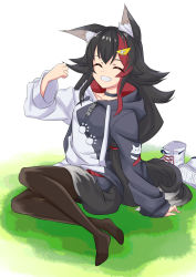 Rule 34 | 1girl, ^ ^, animal ear fluff, animal ears, black hair, black pantyhose, boots, unworn boots, clenched hand, closed eyes, full body, grin, highres, hololive, hood, hood down, hoodie, long hair, long sleeves, multicolored hair, ookami mio, ookami mio (casual), pantyhose, red hair, risian, short shorts, shorts, smile, streaked hair, tail, virtual youtuber, wolf ears, wolf tail