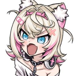 1girl absurdres angry animal_ear_fluff animal_ears armpit_crease bandaid bandaid_hair_ornament black_collar blonde_hair blue_eyes blush chain collar collarbone colored_inner_animal_ears crossed_bangs dog_ears dog_girl fake_horns fangs hair_between_eyes hair_ornament hairband headphones headphones_around_neck highres hoeh_(meme) hololive hololive_english horns jqhnharqld medium_hair meme mococo_abyssgard mococo_abyssgard_(1st_costume) multicolored_hair off_shoulder open_mouth pink_hair pink_hairband portrait shirt simple_background skin_fangs solo spiked_collar spikes streaked_hair tongue two-tone_hair two_side_up v-shaped_eyebrows virtual_youtuber white_background white_shirt x_hair_ornament