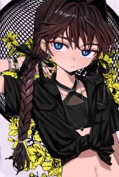 Rule 34 | 1girl, alternate costume, alternate hairstyle, black ribbon, black shirt, blue eyes, bracelet, braid, breasts, brown hair, crop top, earrings, elisia valfelto, expressionless, flower, hair intakes, hair ribbon, highres, jewelry, long hair, looking at viewer, luicent, navel, necklace, original, ribbon, ring, shirt, short sleeves, small breasts, solo, tied shirt, twin braids, upper body