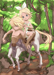 Rule 34 | 1boy, 1girl, barefoot, blonde hair, blush, brother and sister, centaur, child, elf, forest, hair ornament, holding hands, hijirino yuuta, kagamine len, kagamine rin, nature, outdoors, pointy ears, riding, short hair, siblings, taur, toes, tree, vocaloid