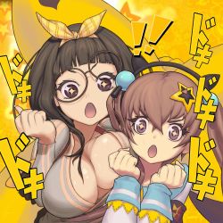 Rule 34 | !, !!, + +, 2girls, animal ears, blush, breasts, brown-framed eyewear, brown hair, cat ears, cleavage, clenched hands, commentary request, davi (destiny child), destiny child, fake animal ears, glasses, hair between eyes, hair ornament, highres, jnxc, large breasts, light brown hair, long hair, looking at viewer, multiple girls, open mouth, round eyewear, sparkling eyes, star (symbol), star hair ornament, translation request, twintails, unaligned breasts, wodan (destiny child)