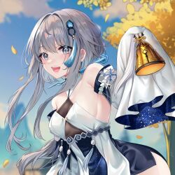 Rule 34 | 1girl, :d, absurdres, bare shoulders, bell, blue eyes, blurry, breasts, chinese hairpin, depth of field, dress, genshin impact, grey hair, guizhong (genshin impact), hair ornament, highres, holding, holding bell, mountainous horizon, open mouth, short hair with long locks, sleeves past fingers, sleeves past wrists, small breasts, smile, solo, tassel, tassel hair ornament, thighs, tree, white dress, yaya chan