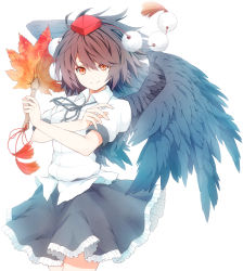 Rule 34 | 1girl, black wings, blouse, brown hair, collared shirt, eyebrows hidden by hair, hand fan, hat, highres, looking at viewer, mikoma sanagi, red eyes, red hat, shameimaru aya, shirt, short hair, simple background, skirt, smile, solo, tokin hat, touhou, white background, white shirt, wings