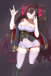 Rule 34 | 1girl, black footwear, blush, boots, bow, breasts, brown eyes, brown hair, capelet, chinese commentary, cleavage, collarbone, commentary request, cowboy shot, dress, fingers to cheek, girls&#039; frontline, hair bow, hands up, highres, knee boots, large breasts, long hair, m/, navel, one eye closed, open mouth, panties, pantyshot, pao mian+dan, red bow, skindentation, solo, standing, star (symbol), starry background, strapless, strapless dress, thighhighs, tube dress, twintails, type 97 (girls&#039; frontline), underwear, very long hair, white thighhighs, ||/