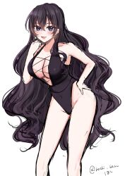 Rule 34 | 1girl, :d, alternate costume, bare shoulders, black dress, blue eyes, blush, breasts, brown hair, cleavage, dress, goddess of victory: nikke, hand on own hip, harran (nikke), highres, hoshi naru, large breasts, long hair, looking at viewer, mole, mole under eye, open mouth, simple background, sketch, smile, solo, twitter username, white background