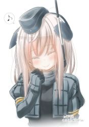 Rule 34 | 10s, 1girl, 2017, blonde hair, blush, cropped jacket, dated, closed eyes, fujisaki yuu, fujisaki yuu (faint wistaria), garrison cap, hat, kantai collection, long sleeves, military, military uniform, musical note, one-hour drawing challenge, puffy long sleeves, puffy sleeves, quaver, simple background, smile, solo, spoken musical note, twitter username, u-511 (kancolle), uniform, upper body, white background