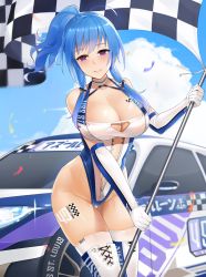 Rule 34 | 1girl, adapted costume, ahoge, azur lane, bare shoulders, blue hair, blue sky, blush, body writing, boots, breasts, bright pupils, car, character name, checkered flag, cleavage, cloud, collarbone, commentary request, cowboy shot, day, elbow gloves, flag, glint, gloves, groin, hair ornament, halterneck, highleg, highleg leotard, highres, holding, holding flag, large breasts, leotard, long hair, looking at viewer, motion blur, motor vehicle, outdoors, ponytail, purple eyes, race queen, race vehicle, racecar, sidelocks, sky, solo, st. louis (azur lane), thigh boots, thigh gap, thighhighs, thighhighs under boots, unzipped, white footwear, white gloves, white leotard, white thighhighs, yueguang zhanglang, zipper, zipper pull tab