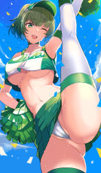 Rule 34 | 1girl, ;d, absurdres, alternate hairstyle, armpits, ashita (2010), ass, blue sky, blush, breasts, cheerleader, choker, cleft of venus, cloud, collarbone, commentary request, day, green choker, green eyes, green hair, hand on own hip, highres, idolmaster, idolmaster cinderella girls, large breasts, looking at viewer, midriff, mole, mole under eye, navel, one eye closed, open mouth, panties, pom pom (cheerleading), ponytail, short hair, sky, smile, solo, split, standing, standing on one leg, standing split, sweat, takagaki kaede, teeth, thighhighs, thighs, underboob, underwear, upper teeth only, visor cap, white panties, white thighhighs