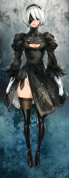 Rule 34 | 1girl, android, black dress, black footwear, black gloves, black thighhighs, blindfold, boots, breasts, cleavage cutout, clothing cutout, commentary request, dress, full body, gloves, hairband, highres, makimura shunsuke, medium breasts, mole, mole under mouth, nier:automata, nier (series), no panties, puffy sleeves, short hair, solo, standing, thick thighs, thigh boots, thighhighs, thighs, two-sided fabric, two-sided skirt, white hair, 2b (nier:automata)