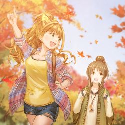 Rule 34 | 10s, 2girls, :d, anbe yoshirou, arm up, autumn, autumn leaves, bag, blonde hair, blurry, blush, bow, breasts, brown eyes, brown hair, camera, cleavage, collarbone, collared shirt, commentary request, day, denim, denim shorts, depth of field, green eyes, green hair, hair bow, hair ribbon, high ponytail, hino akane (idolmaster), idolmaster, idolmaster cinderella girls, leaf, long hair, looking at another, looking back, medium breasts, multiple girls, nature, open clothes, open mouth, open shirt, orange hair, outdoors, plaid, plaid shirt, pointing, pointing up, ponytail, ribbon, running, shirt, short shorts, shorts, sidelocks, sleeves past wrists, sleeves rolled up, smile, strap, sweater, takamori aiko, tank top, tree, twitter username, walking, wide sleeves, yellow bow, yellow eyes, yellow shirt