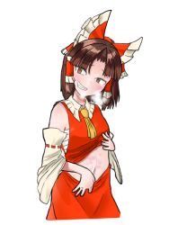 Rule 34 | 1girl, benikurage (cookie), blush, bow, breasts, brown eyes, brown hair, clothes lift, commentary request, cookie (touhou), cowboy shot, cropped legs, detached sleeves, frilled shirt collar, frills, grin, hakurei reimu, looking at viewer, medium hair, navel, pai kebon baa, parted bangs, red bow, red shirt, red skirt, ribbon-trimmed sleeves, ribbon trim, sarashi, shirt, shirt lift, skirt, skirt set, small breasts, smile, solo, touhou, white background, white sleeves, yellow neckwear