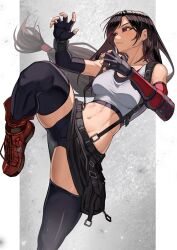 Rule 34 | 1girl, abs, black gloves, black shorts, black skirt, black thighhighs, brown hair, elbow gloves, fighting stance, final fantasy, final fantasy vii, final fantasy vii remake, fingerless gloves, gloves, highres, long hair, looking to the side, low-tied long hair, midriff, navel, red eyes, red footwear, shoes, shorts, shorts under skirt, skirt, solo, standing, standing on one leg, suspender skirt, suspenders, tank top, temoc, thighhighs, tifa lockhart, white tank top