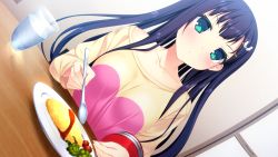 Rule 34 | 1girl, blush, breasts, cup, eating, food, game cg, green eyes, hair ornament, hairclip, harvest overray, large breasts, long hair, looking at viewer, nironiro, ouno sumi, purple hair, sitting, solo, spoon, table, usume shirou