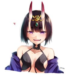 Rule 34 | 1girl, :d, artist name, bad id, bad pixiv id, bare shoulders, black hair, blush, breasts, collarbone, fangs, fate/grand order, fate (series), hair ornament, heart, highres, horns, ichiren namiro, japanese clothes, kimono, looking at viewer, oni, open mouth, purple eyes, revealing clothes, short hair, shuten douji (fate), skin-covered horns, small breasts, smile, solo, upper body, white background