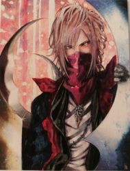 Rule 34 | 1boy, bad id, bad pixiv id, barbed wire, black gloves, black jacket, blade, blue eyes, covered mouth, glint, gloves, hoshizaki reita, jacket, jewelry, male focus, mask, mouth mask, necklace, open clothes, open jacket, original, pink hair, solo, traditional media, upper body