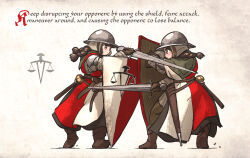 Rule 34 | 2girls, balance scale print, belt, boots, braid, brown hair, english text, fighting, gambeson, gloves, helmet, highres, holding, holding weapon, ironlily, kettle helm, kite shield, long hair, medieval, multiple girls, ordo mediare sisters (ironlily), scabbard, sheath, single braid sister (ironlily), standing, sword, twin braids sister (ironlily), weapon
