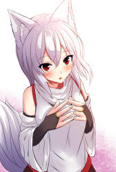 Rule 34 | 1girl, :o, animal ears, blush, bridal gauntlets, detached sleeves, gradient background, hair between eyes, highres, inubashiri momiji, looking at viewer, no headwear, oohirakeisuke, pink background, red eyes, short hair, solo, tail, touhou, white background, white hair, wolf ears, wolf tail
