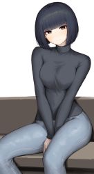 Rule 34 | 1girl, absurdres, between legs, black hair, black sweater, blue pants, blunt bangs, bob cut, breasts, casual, closed mouth, couch, denim, feet out of frame, hand between legs, highres, jeans, kagi f, long sleeves, looking at viewer, medium breasts, on couch, orange eyes, original, pants, short hair, simple background, sitting, solo, sweater, white background