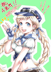 Rule 34 | 1girl, blonde hair, blue eyes, braid, breasts, fingerless gloves, gloves, hat, jewelry, long hair, looking at viewer, navel, necklace, open mouth, puri soa, simple background, smile, soa welch vineyard, solo, star ocean, star ocean anamnesis, twin braids, twintails