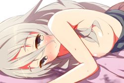 Rule 34 | 10s, 9law, blush, breast press, breasts, grey eyes, kantai collection, large breasts, long hair, lying, nipples, on stomach, pola (kancolle), silver hair, smile, solo
