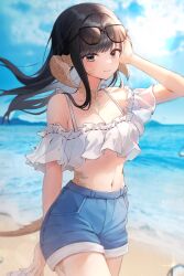 Rule 34 | 1girl, absurdres, arm behind back, au ra, beach, black eyes, black hair, breasts, cleavage, closed mouth, commission, denim, denim shorts, dragon horns, dragon tail, eyewear on head, feet out of frame, final fantasy, final fantasy xiv, frilled bikini top, hand on own head, highres, holding, holding clothes, holding footwear, horns, lens flare, light blush, light smile, lips, looking at viewer, medium breasts, midriff, navel, ocean, original, scales, shorts, solo, sunglasses, sunlight, sweatdrop, tail, user cnec8232, warrior of light (ff14)