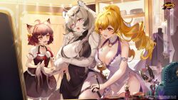 Rule 34 | + +, 3girls, ahoge, animal ear piercing, animal ears, artist request, bag, bell, black choker, black dress, black skirt, black vest, blonde hair, blush, bow, breasts, brown hair, brushing another&#039;s hair, brushing hair, changing room, choker, cleavage, cocktail dress, commentary, covered navel, cowboy shot, criss-cross halter, dress, drill hair, drill ponytail, earrings, english commentary, furry, furry female, glint, grey hair, hair bell, hair brush, hair ornament, hair ribbon, halterneck, handbag, hannah (mahjong soul), highres, holding, holding hair brush, ichihime, indoors, jewelry, jewelry box, jingle bell, large breasts, long bangs, long hair, mahjong soul, makeup brush, mirai (mahjong soul), multicolored hair, multiple girls, official art, open mouth, pink eyes, red bow, red eyes, red ribbon, ribbon, shirt, single earring, skirt, small breasts, smile, streaked hair, tiger ears, tiger girl, very long hair, vest, white dress, white shirt