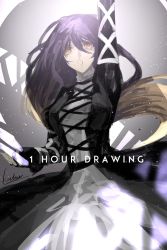 Rule 34 | 1girl, arm up, artist name, bad id, bad twitter id, black dress, blurry, breasts, brown eyes, brown hair, depth of field, dress, english text, gradient background, gradient hair, grey background, highres, hijiri byakuren, inactive account, kaitou0215, light, light particles, long hair, multicolored hair, open mouth, outstretched arm, purple hair, reaching, serious, signature, solo, sorcerer&#039;s sutra scroll, touhou, very long hair, white dress